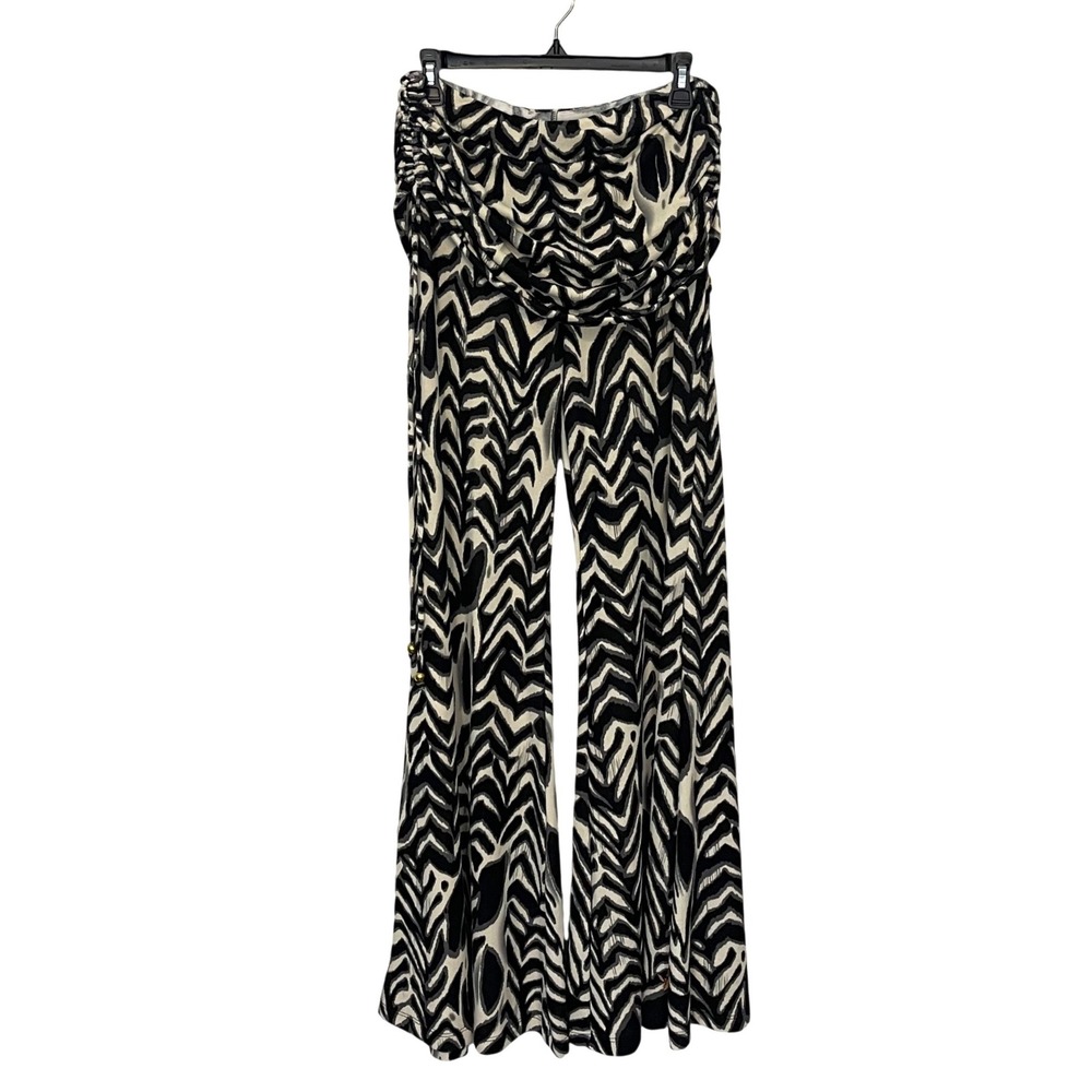 Tricia Fix Wide Legโ Pant Women Large Black White Animal Print Boho Ruched Waist